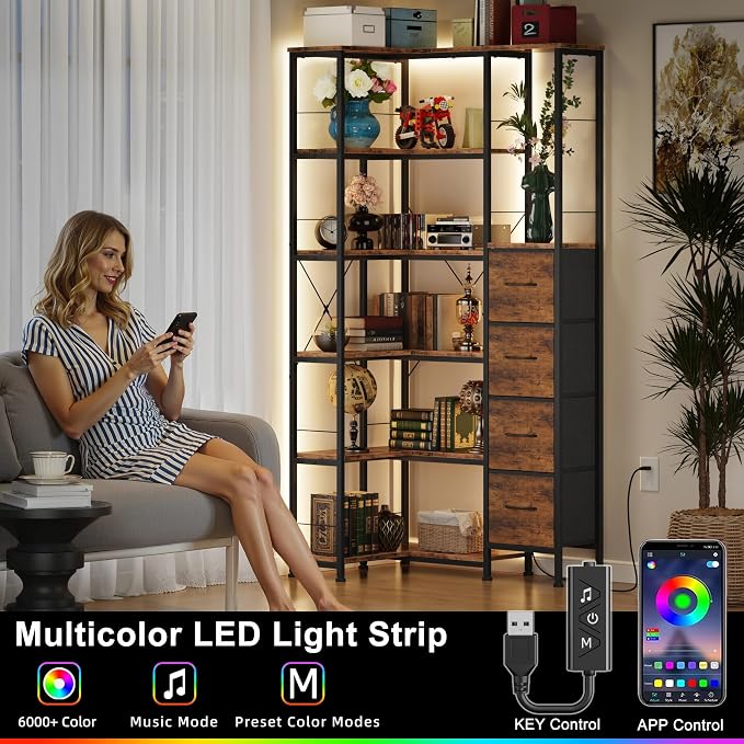 AFLUI 6-Tier Corner Bookshelf with LED and 4 Fabric Drawers | Corner shelf with left/right short side; LED light for home office, bedroom, living room