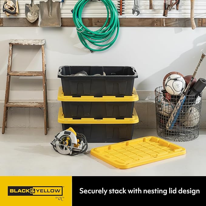 CX BLACK & YELLOW�, 15-Gallon Heavy Duty Tough Storage Container & Snap-Tight Lid, (9.5�H x 20.6�W x 30.6�D), Weather-Resistant Design and Stackable Organization Tote [3 Pack]