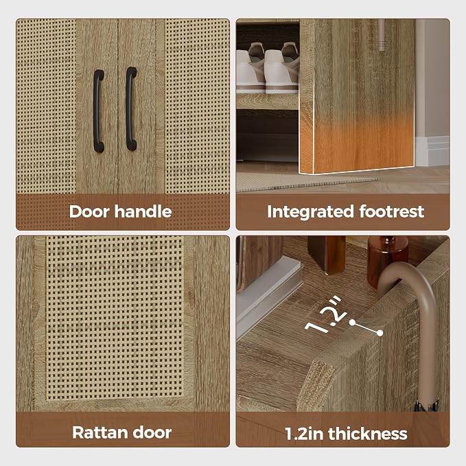 Mericonia 6-Tier Shoe Cabinet Storage for Entryway, Rattan Shoes Organizer Cabinets with Doors, Wooden Shoe Rack, Farmhouse Boho Wood Storage Cabinet (Natural, 6-Tier)