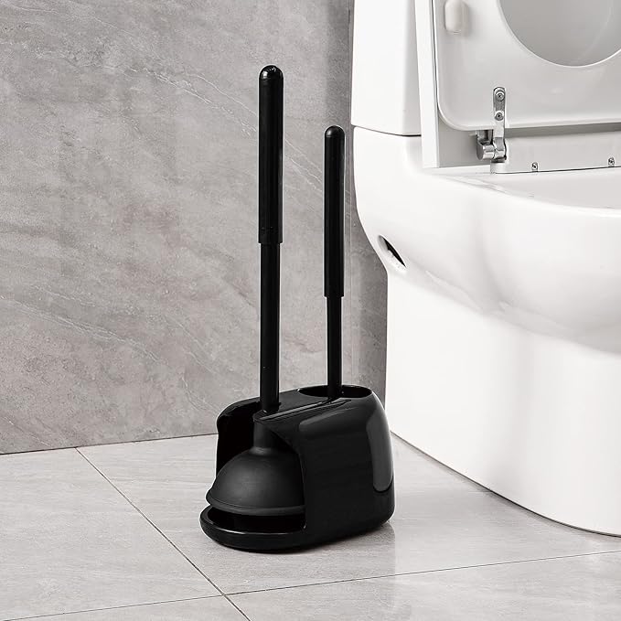 Eyliden Toilet Plunger and Brush Set, 2-in-1 Compact Holder, Black | Unclogs Toilets, Deep Cleans Bowls, Nylon Bristles, Rubber Cup, Durable Plastic Caddy, Space-Saver, Bathroom Cleaning Tools