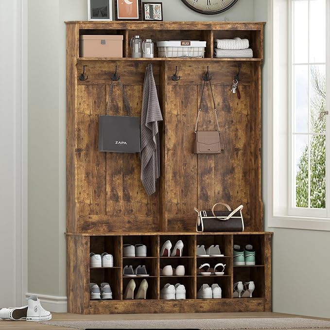 Wodeer Hall Tree with Bench and Shoe Storage, 53" Farmhouse 4-in-1 Mudroom Storage Organizer with Coat Rack, 6 Hooks, 12 Shoe Cubbies, Adjustable Shelf, for Entryway, Hallway, Living Room, Brown
