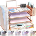 OPNICE Desk Organizer, 4-Tier Desktop File Organizer with Drawer and Pen Holders, Office Desk Accessories, File Sorters, Workspace Organizers for Office Supplies(Rose Gold - Metal Pen Holder)
