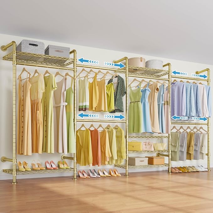 Timate F4 Wall Mounted Clothes Rack Industrial Pipe Clothing Rack for Hanging Clothes, Expandable Garment Rack Heavy Duty Wardrobe Closet Organizer and Storage, Adjustable Industrial Closet Kit, Gold