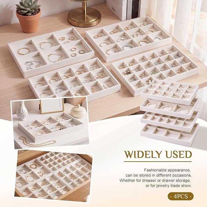 Unittype Set of 4 Stackable Jewelry Organizer Tray for Drawer Inserts Velvet Necklace Earring Bracelet Ring Holder Jewelry Display Storage Box for Bangle Stud Necklace Ring(6/12/15/24 Grid,Beige)