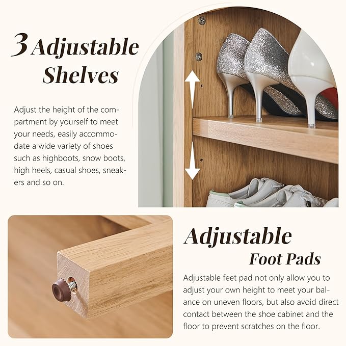 IFGET 71" Tall Arched Shoe Storage Cabinet, 8 Tiers 16 Pairs Wooden Shoe Rack with 3 Adjustable Shelves, Freestanding Shoe Closet Shelf Organizer for Entryway, Hallway, Living Room (Natural)