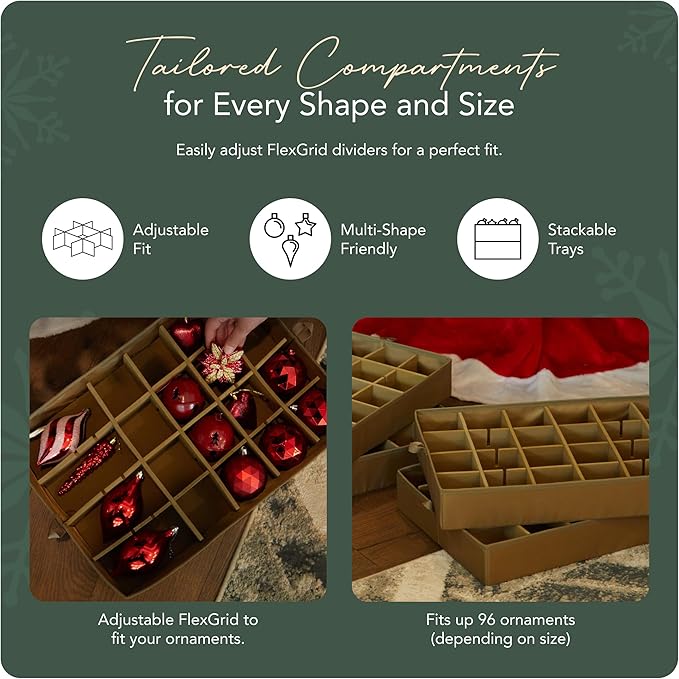 Covermates Keepsakes Adjustable Ornament Storage Box – Heavy-Duty Polyester, Padded Dividers & FlexGrid Trays – Protective Holiday Organizer with Stackable Walls & Label Window, Red