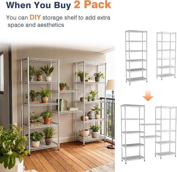 6-Tier Wire Shelving Unit,21.3" Wx11.4 Dx73 H,Metal Shelf Racks with Lockable Wheels, Height Adjustable Storage Shelves for Narrow Space/Laundry/Bathroom/Kitchen/Pantry/Closet/Chrome