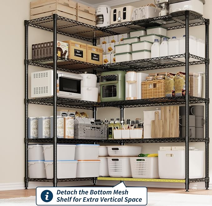 71"W Metal Storage Shelves 5-Tier, Heavy Duty 1325LBS Wire Rack Shelving Unit, Adjustable Black Standing Shelves for Garage Kitchen Pantry Commercial Storage, H or L-shaped Shelf,15.7"D x 70.5"H