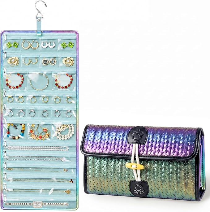 32-Pocket Hanging Jewelry Organizer and Foldable Travel Roll | Clear Zippered Pockets, Necklace Clasps, Swivel Hook and Carry Buckle Keep Pieces Visible and Tangle-Free, Green