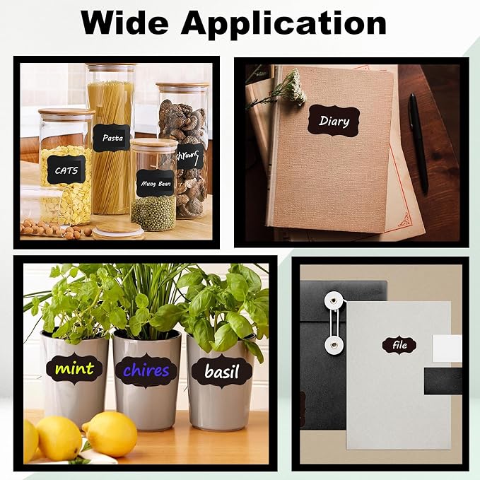 HERDIN Chalkboard Label Stickers, 120-Pc Set with 7 Markers | 120 Labels, 7 Markers, 3 Sizes, 8 Shapes, Waterproof Writing Surface, Pantry Jars, Food Containers, Storage Bins, Mason Jars