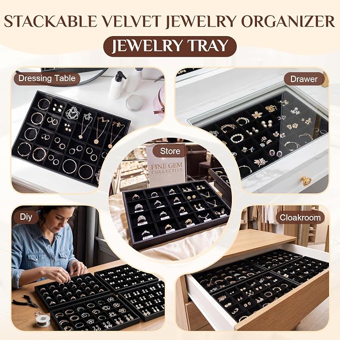 Unittype Set of 4 Stackable Jewelry Organizer Tray for Drawer Inserts Velvet Necklace Earring Bracelet Ring Holder Jewelry Display Storage Box for Bangle Stud Necklace Ring(24 Grid,Black)