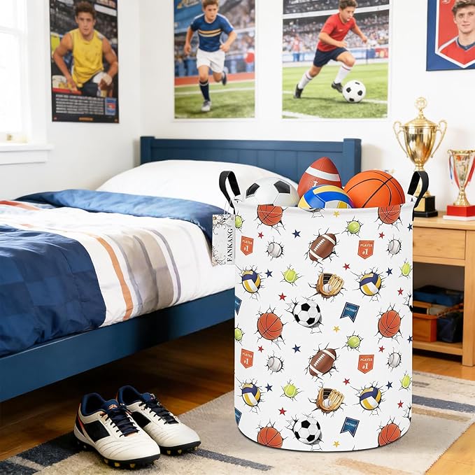 FANKANG Storage Basket, Nursery Hamper Canvas Laundry Basket Foldable with Waterproof PE Coating Large Storage Baskets for Kids Boys and Girls, Office, Bedroom, Clothes,Toys(3D Sports Balls)