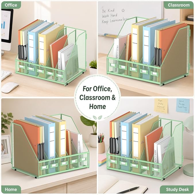 SUPEASY Desk Organizers Metal Desk Magazine File Holder with 5 Vertical Compartments Rack File Organizer for Office Desktop, Classroom, Home Workspace, Green, Plus