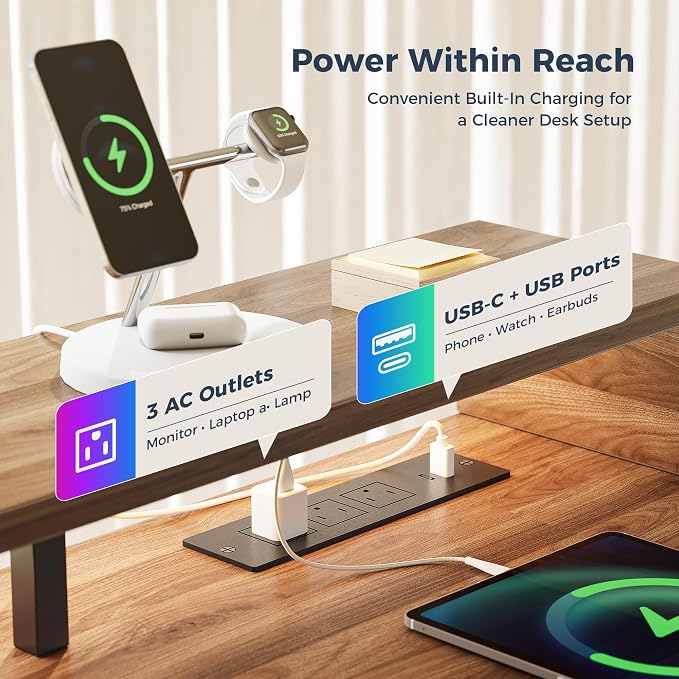 Klicelor Electric Standing Desk with Shelf, 48 Inch Height Adjustable Desk with Power Outlets & LED, Sit Stand Up Table with Monitor Stand, Computer Workstation for Home Office, Dark Walnut
