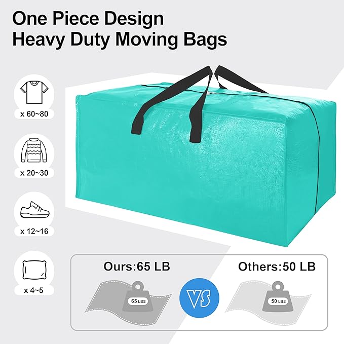 VELVETSURE 12 Pack Heavy Duty Large Moving Bags W/Backpack Straps - Strong Handles & Zippers, Storage Totes For Space Saving, Fold Flat, Alternative to Moving Box and Storage Bin, Aquamarine