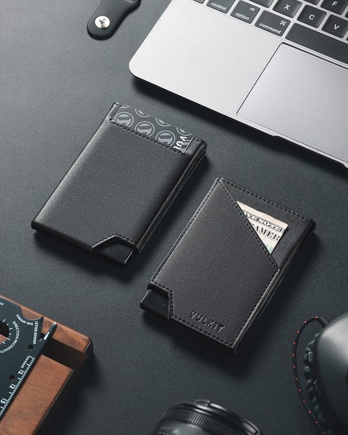 VULKIT Pop up Card Wallet RFID Blocking Slim Aluminum Metal Bank Card Holder Case with Business Money Pocket for Credit Cards Notes and Coins (Black)