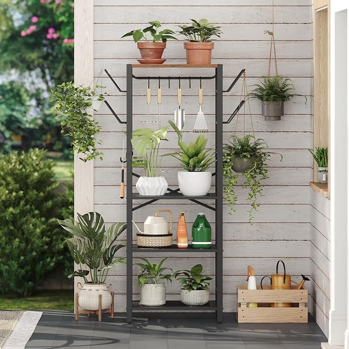 MAHANCRIS 4-Tier Pot Rack, Pots and Pans Organizer for Kitchen Corner, Kitchen Storage Rack with U-Shaped Lid Holders, Freestanding Cookware Stand, Rustic Brown and Black POHR3001