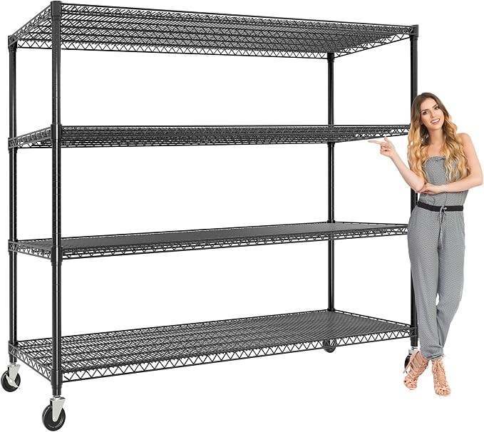 Metal Storage Shelving with Wheels, 4 Tiers Heavy Duty Rolling Storage Shelves with Adjustable Wire Racks, 59"W*74"H*24"D Garage Shelving Units, 2640LBS, for Kitchen Pantry Commercial Industrial,Black