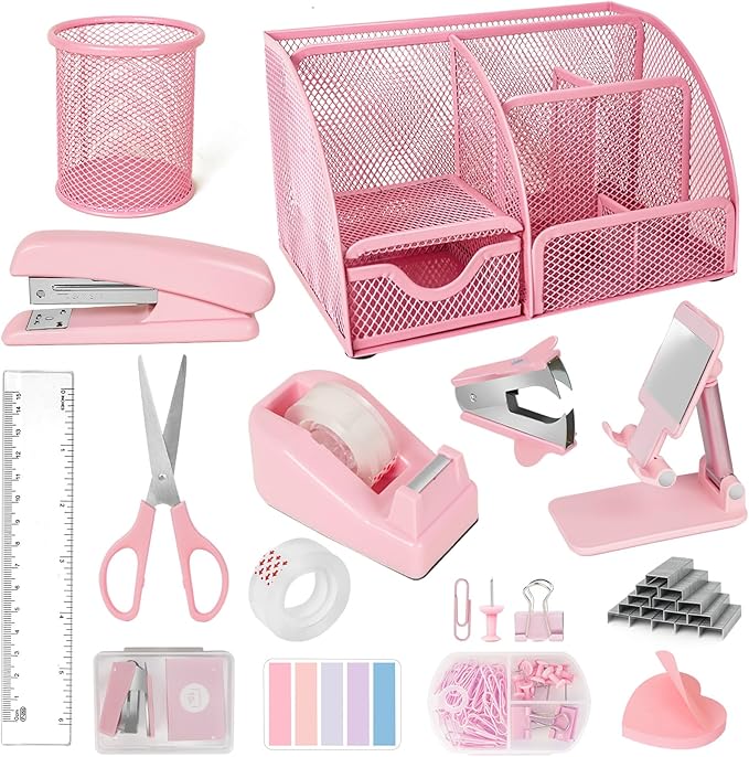 Desk Organizers and Accessories, Office Supplies 15PS Set with Stapler, Staple Remover, Pen Holder, Clips Set, Tape Dispenser, Tape, Phone Holder, 1000 Staples, Ruler, Scissors （Pink）