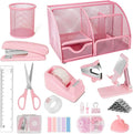 Desk Organizers and Accessories, Office Supplies 15PS Set with Stapler, Staple Remover, Pen Holder, Clips Set, Tape Dispenser, Tape, Phone Holder, 1000 Staples, Ruler, Scissors （Pink）