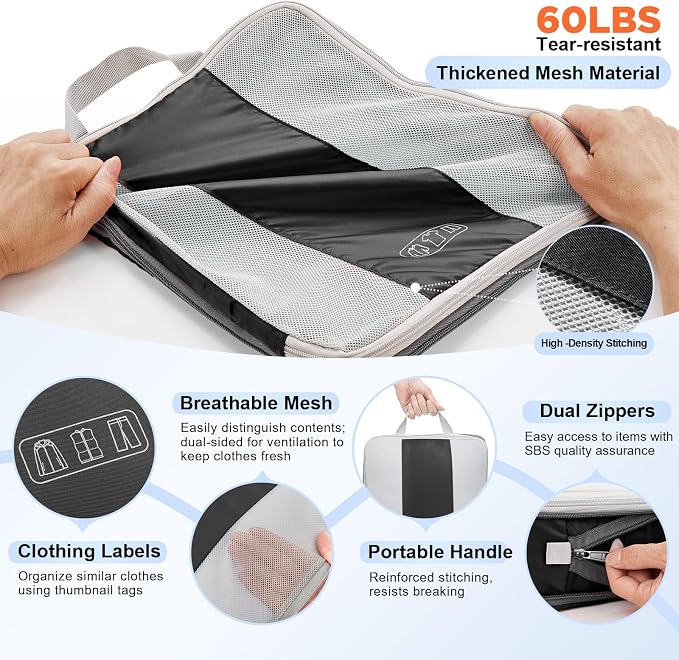 OlarHike 10 Set Compression Packing Cubes for Travel Essentials,Compressible Expandable Space Saver Bags for Organizing Clothes,Luggage Suitcase Garment Bags with Over 1000 pcs Mesh Holes(Black)