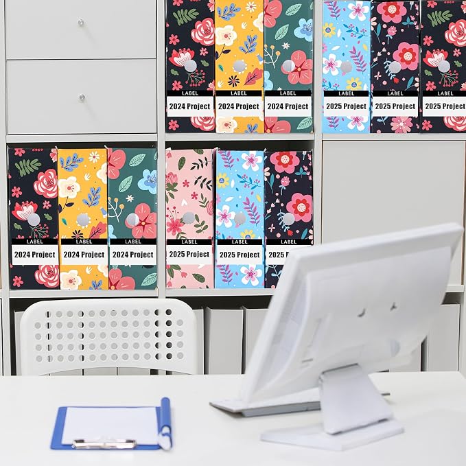 PerKoop 6 Pcs Decorative Magazine File Holders Floral Foldable File Folders Magazine Storage Boxes Rack Desk Organizer Documents with Printable Labels for School Office Home (Floral Design)
