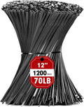 Zip Ties, RAZCC 1200pcs Black Cable Zip Ties 12 Inch, Heavy Duty Plastic Wire Ties with 70lb Tensile Strength, Self-Locking Black Nylon Tie Wraps for Indoor and Outdoor