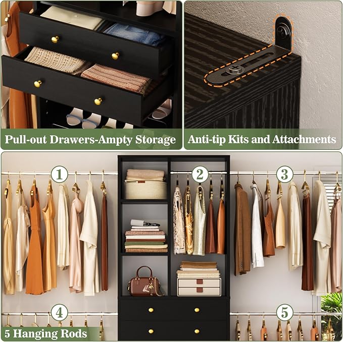 Besiost Closet System, 4.2–8.8 FT Closet Organizer with 2 Wooden Drawers and Shelves, Walk-in Closet System with 5 Hang Rods, Built-in Reach in Closet Tower, Can Fit 60 to 96 inch, Black