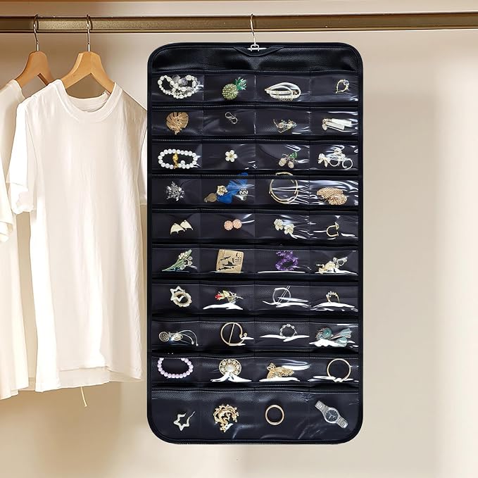 Hanging Jewelry Organizer Storage Roll with Hanger Metal Hooks Double-Sided Jewelry Holder for Necklaces, Earrings, Rings on Door, Wall, Closet, 48 Pocket Organizer,Black
