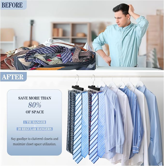 Tie Rack Hanger for Closet, Upgraded Tie Holder Organizer for Men, Black | Non Slip Neck Tie Organizer with 20 Foldable Hooks, Belt Hanger Space Saving, Fits for Tank Tops Bras Cami Scarves