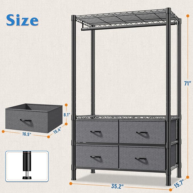 Raybee Clothes Rack, Portable Closet for Bedroom, Dorm, 4 Drawers 4 shelves | Heavy Duty, Tool-Free Assembly, Freestanding, Multi-Function, Adjustable, DIY Layout, Space Saving, Hanging 50+ Clothes