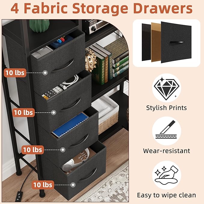 AFLUI Corner Bookshelf with LED Light Strips & 4 Fabric Drawers, 5-Tier Convertible Corner Shelf with Display Shelf, Large Wood Industrial Bookcase for Living Room, Bedroom, Home Office, Black