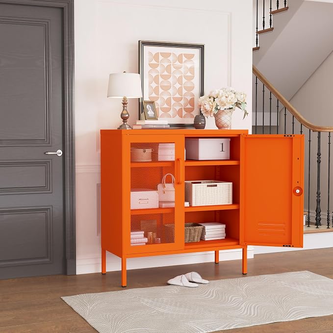 Lockable Metal Storage Cabinet Locker, Multifunctional Versatile Storage Lockers with Adjustable Shelves and Mesh Door, Durable Metal Sideboard Furniture for Restaurant Home Office Orange