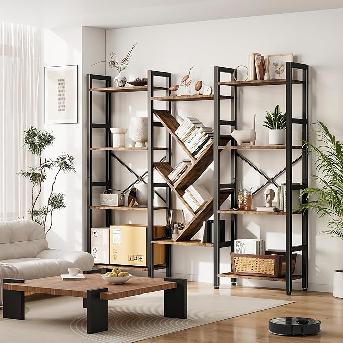 INNOD Triple 4 Tier Book Shelf, Large Industrial Bookcase with Storage Cabinet, Tall Bookshelf with Open Display Shelves Furniture for Living Room Bedroom Home Office Rustic Brown