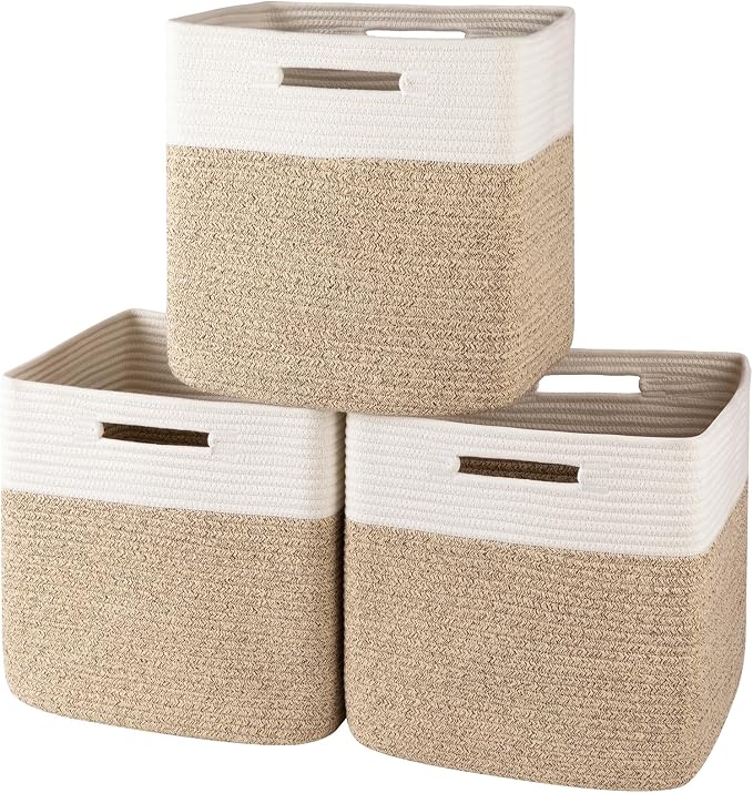 OIAHOMY 13 Inch Cube Storage Bins, 3-Pack Cotton Rope Woven Baskets for Organizing, Insert Storage Baskets for Shelves, Baby Nursery, Closet Organizer, 13 * 13 * 12.6IN, Brown & White