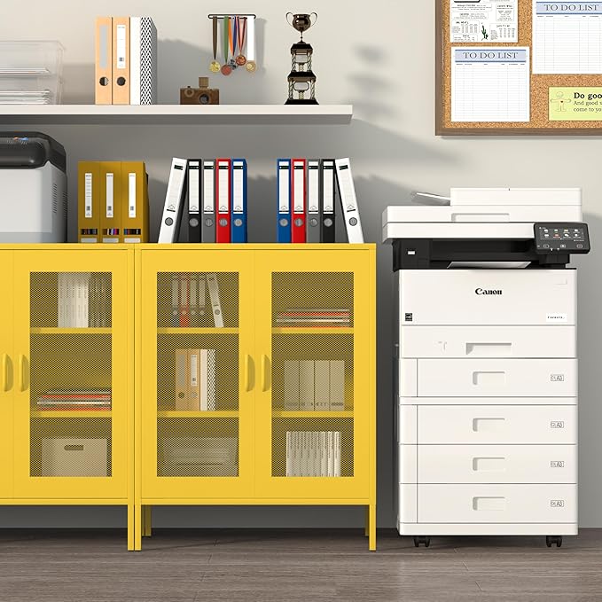 Ustamio Yellow Metal Storage Cabinet with Mesh Doors, Office Metal Locker Cabinet, Metal Display Cabinet with 2 Adjustable Shelves for Home, Office, Kitchen