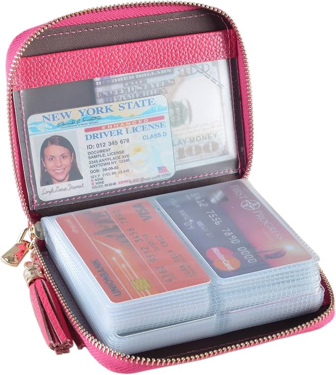 Easyoulife Womens Credit Card Holder Wallet Zip Leather Card Case RFID Blocking (Rose)