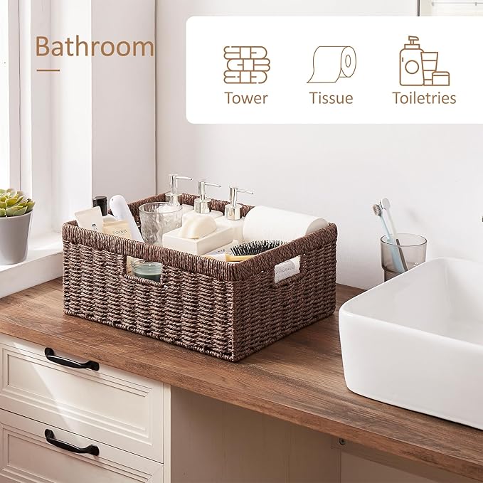 OIAHOMY Wicker Storage Basket, Rectangular Paper Rope Shelf Baskets with Built-in Handles, Woven Decorative Organizer for Pantry, Shelves, Living Room and Bathroom, 1-Pack Brown
