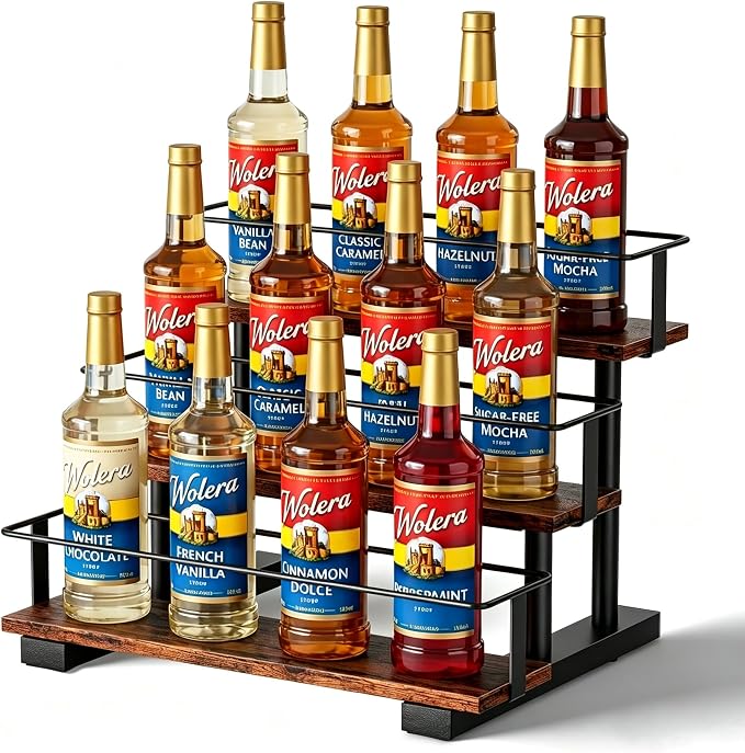 3-Tier Coffee Syrup Rack, Holds 12 Bottles, Rustic Wood & Metal | Stepped display for coffee bar, fits liquor, spice jars & extracts, space-saving countertop.