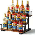 3-Tier Coffee Syrup Rack, Holds 12 Bottles, Rustic Wood & Metal | Stepped display for coffee bar, fits liquor, spice jars & extracts, space-saving countertop.