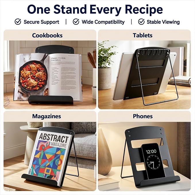 Cookbook Stand for Kitchen Counter,Metal Recipe Book Holder with Hooks,Foldable Reading Rack for Textbooks,Tablets and Magazines,Space Saving Carbon Steel Stand with Non Slip Pads,Black
