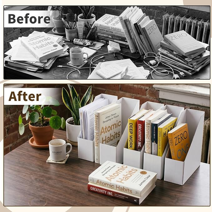 Rempry 12 Pack Magazine File Holders White, Foldable Cardboard Document Organizer Boxes with Labels, Space-Saving Storage for Office, Home, School, 10.2x3.5x10.6 Inchs
