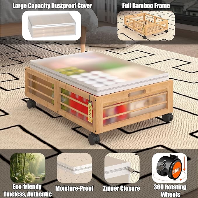Underbed Storage with Wheels, 2 Pack Bamboo Containers for Shoes & Clothes | Dustproof bags protect contents. Stackable frames save space. 360° wheels provide smooth access to clothes, bedding and toys
