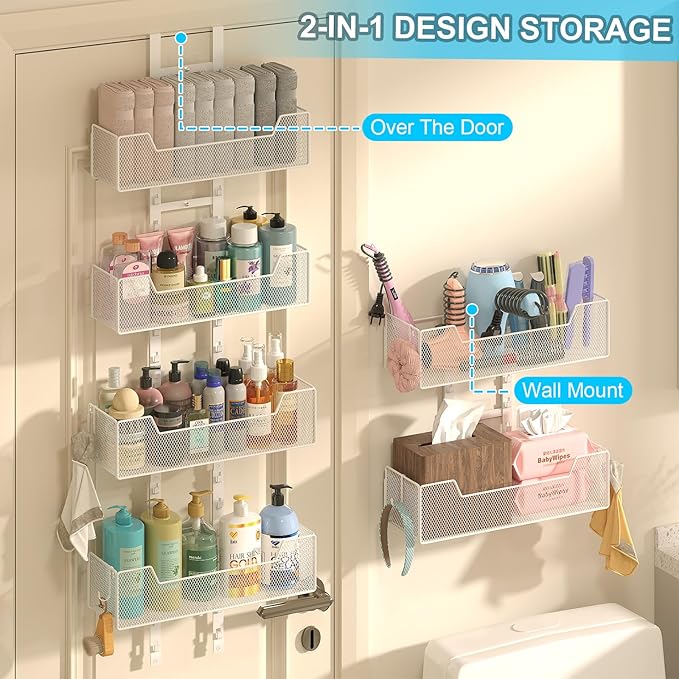 Hongtamoya Adjustable Over The Door Organizer, Metal Hanging Door Organizer with 6 Baskets and 5 Hooks, Behind The Door Storage for Closet Pantry Cabinet Kitchen Bathroom, White