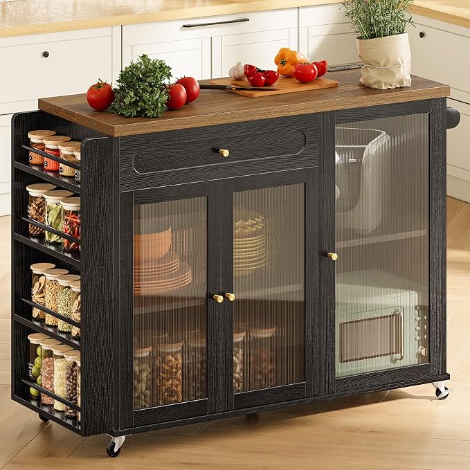 Kitchen Island with Power Outlet - Kitchen Cart on Wheels with Storage Cabinets & Drawers, Rolling Island Table with Spice & Towel Rack, Portable Islands with Large Wood Counter, Dinning Room