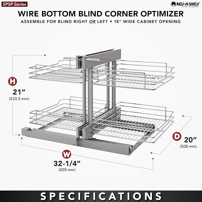 Rev-A-Shelf Chrome Two-Tier Wire Bottom Pullout Organizer with Soft-Close for Blind Corner Base Kitchen Cabinets, Adjustable 4-Basket Storage System, Min Opening Width of 18", 5PSP-18SC-CR