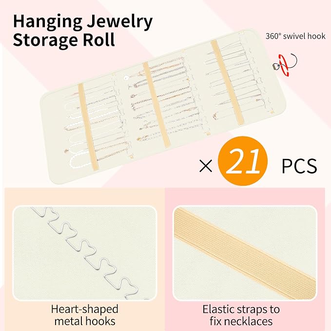 Bloss Hanging Jewelry Organizer with 48 Pockets, Double-Side Hanging Jewelrys Holder with Hanger Hooks, Jewelry Organizers and Accessories Storage for Earrings, Necklaces and Rings,Beige