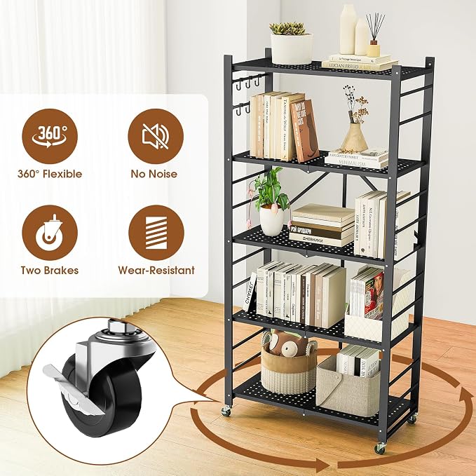 Fenbeli 5 Tier Folding Storage Shelf with Wheels – Heavy Duty Metal Organizer Rack, No Assembly Collapsible Utility Shelving Unit for Garage, Kitchen, Pantry, Basement, Office (Black-A, 5 Tier)
