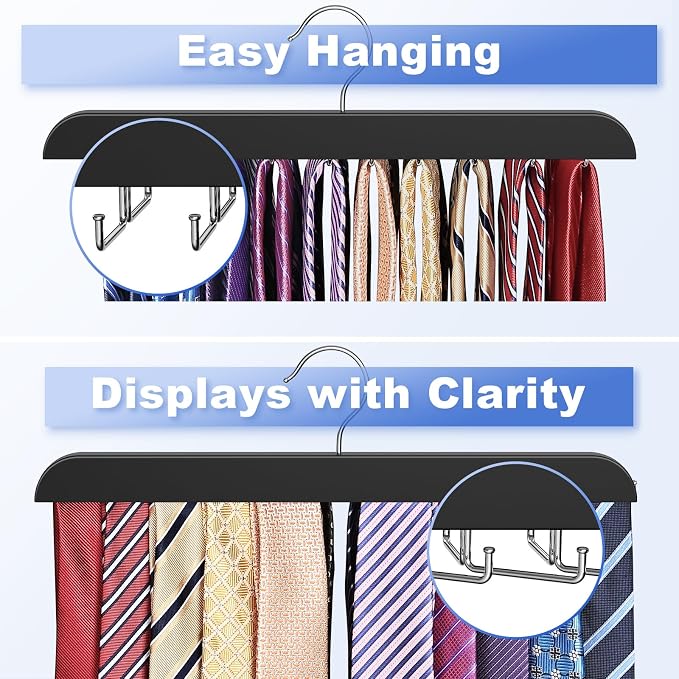 RESOVO Upgraded Tie Rack Hanger with 20 Foldable Metal Hooks, Space Saving Necktie Organizer for Men – Large Capacity Tie and Belt Wooden Hanger for Closet - Black 2 Pack