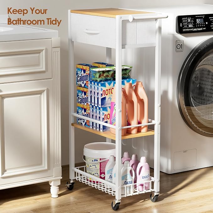 Lewondr Bathroom Organizer and Storage Cart with Drawer, 3-Tier Narrow Rolling Utility Cart with Wood Top and Wheels for Small Spaces, Laundry, White